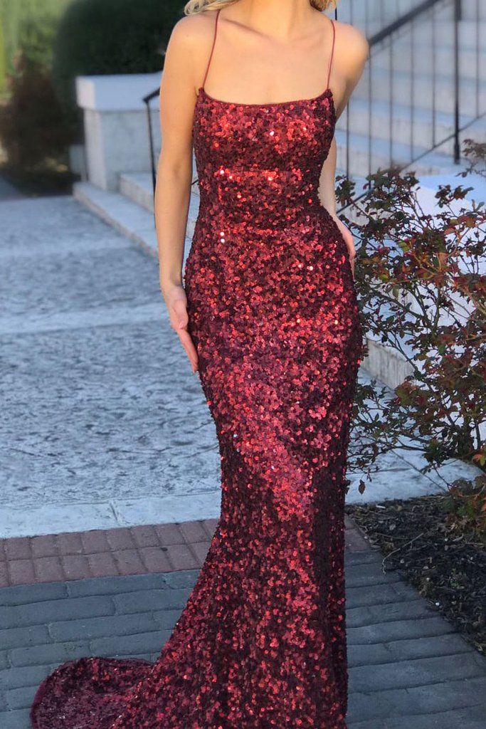 Sexy Spaghetti Straps Red Glitter Sequins Prom Dresses Mermaid Halter Backless Evening Gowns Sparkly