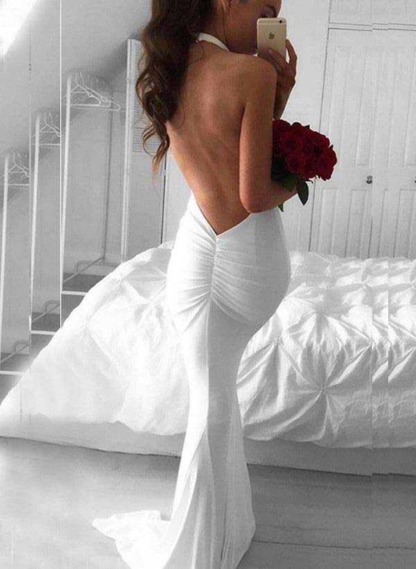 Loudspeaker/fishtail hanging neck and floor wedding dress Open Back Sexy White