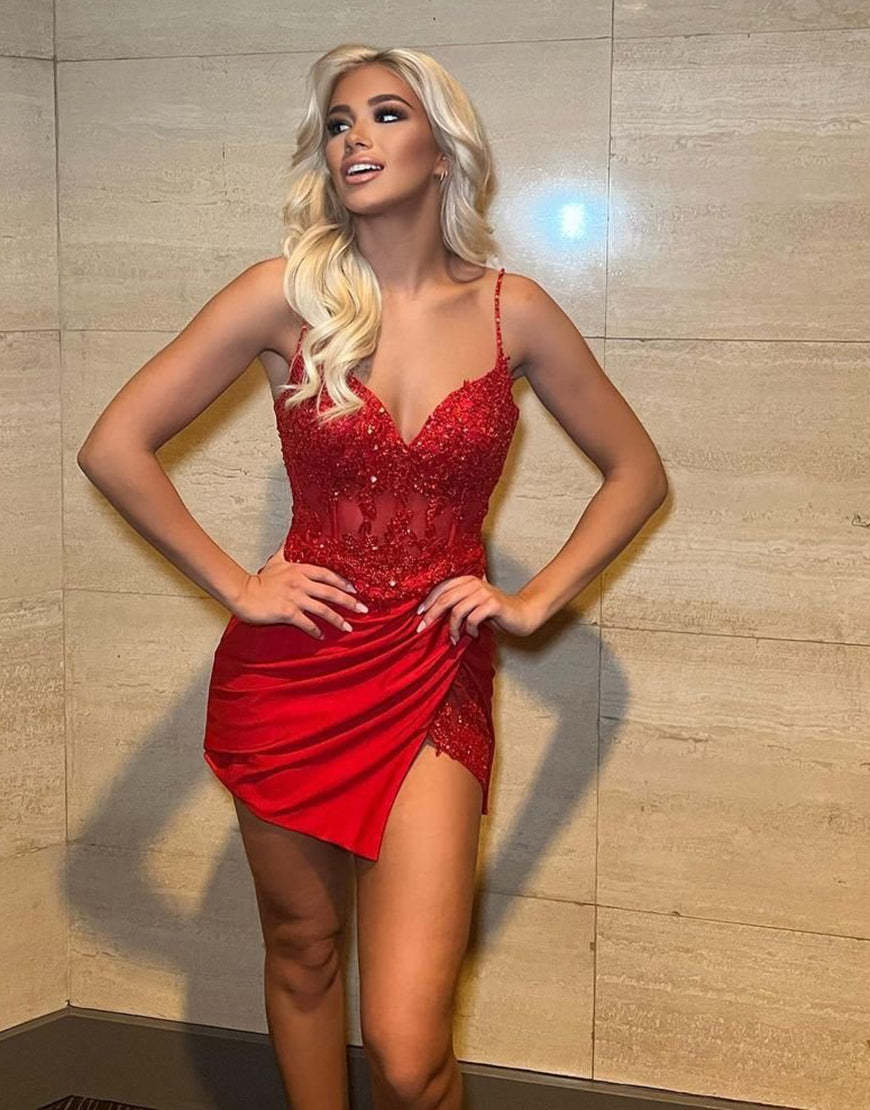 Sexy Red Spaghetti Straps Red Glitter Short Homecoming Dress with Split