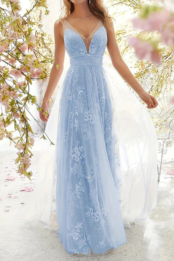 Sexy A Line Formal Attire With Lace V-neck Long Prom Dress Beautiful Evening Dress