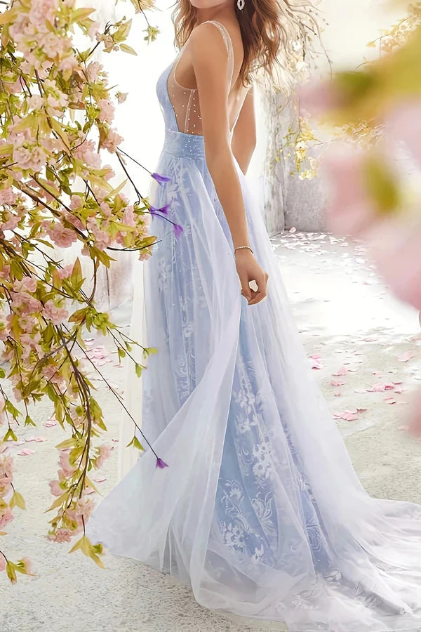 Sexy A Line Formal Attire With Lace V-neck Long Prom Dress Beautiful Evening Dress