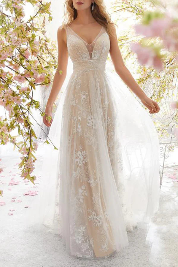 Sexy A Line Formal Attire With Lace V-neck Long Prom Dress Beautiful Evening Dress