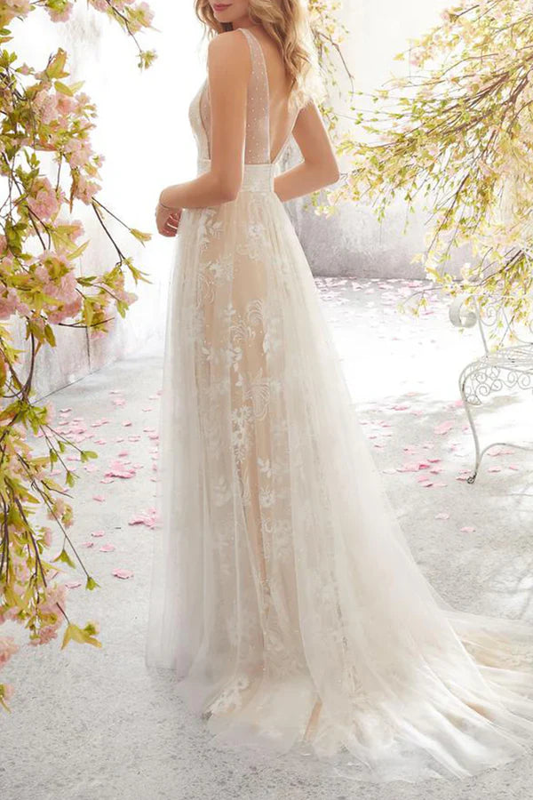 Sexy A Line Formal Attire With Lace V-neck Long Prom Dress Beautiful Evening Dress