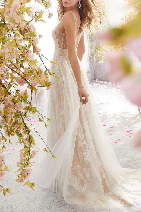 Sexy A Line Formal Attire With Lace V-neck Long Prom Dress Beautiful Evening Dress