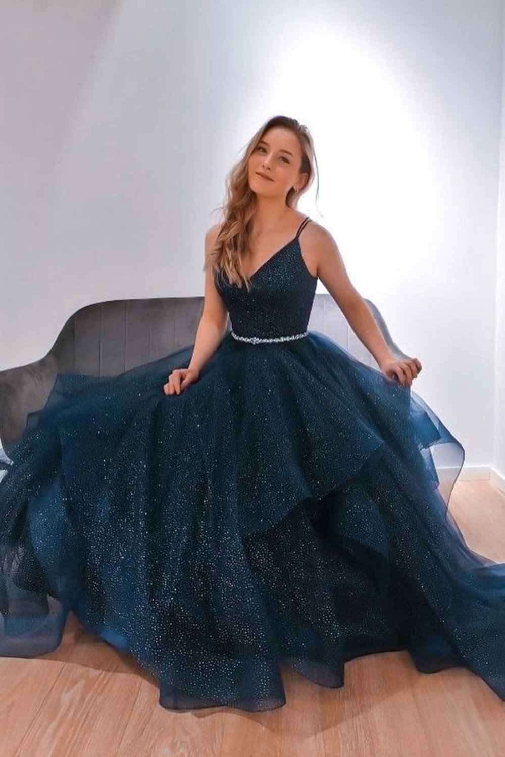 Shiny V Neck Dark Blue Long Prom Dress with Belt Fluffy Formal Evening Dress Sparkly Ball Gown