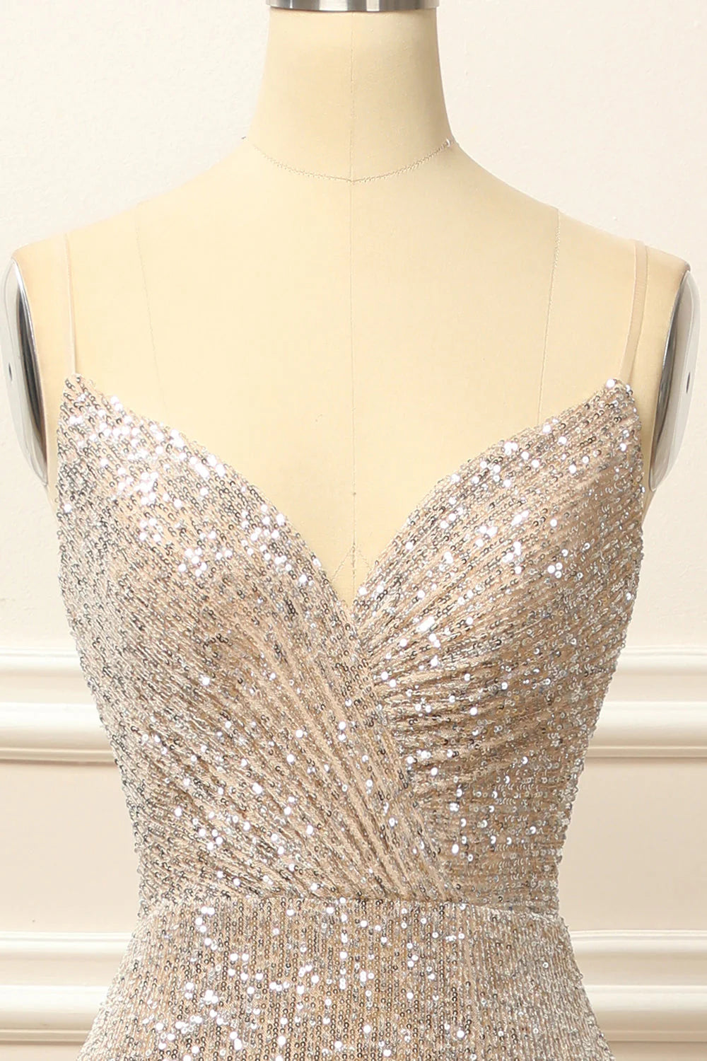 Champagne Sequins Long Prom Dress with Slit V-neck Sparkly Sexy