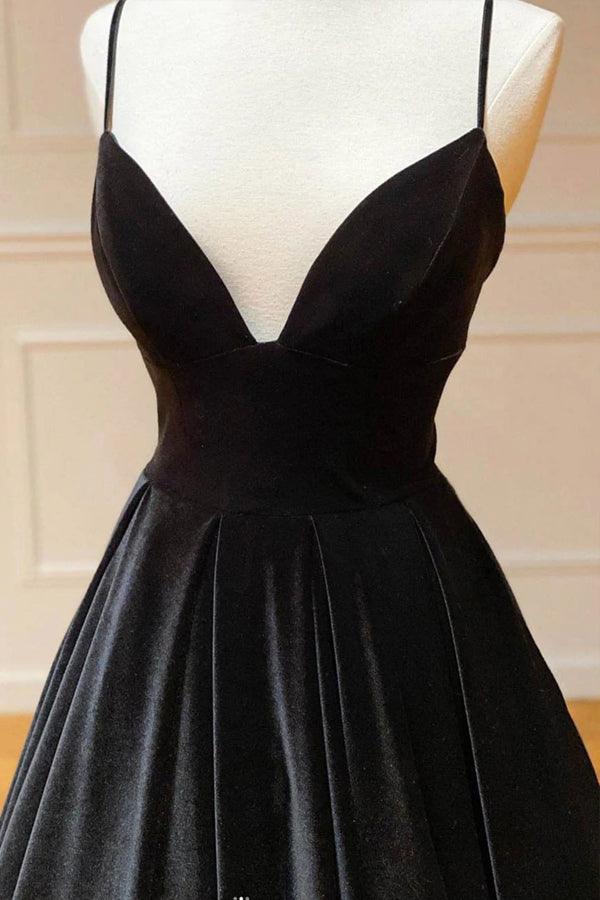 Simple Black Velvet Long Prom Dress Evening Dress V-neck Floor Length Elegant