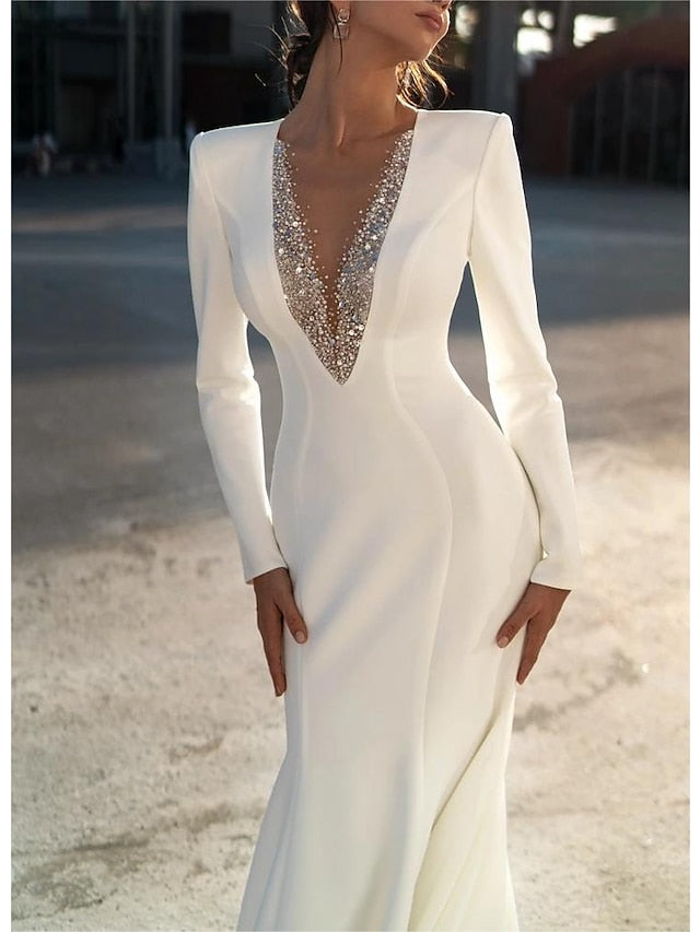 Mermaid/Trumpet V-Neck Long Sleeves Floor-Length Wedding Dresses With Beading Sexy