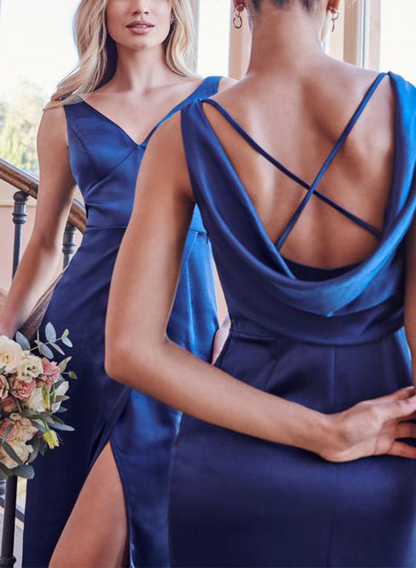 Sheath/Column V-Neck Floor-Length Long Bridesmaid Dresses With Split Side Sexy