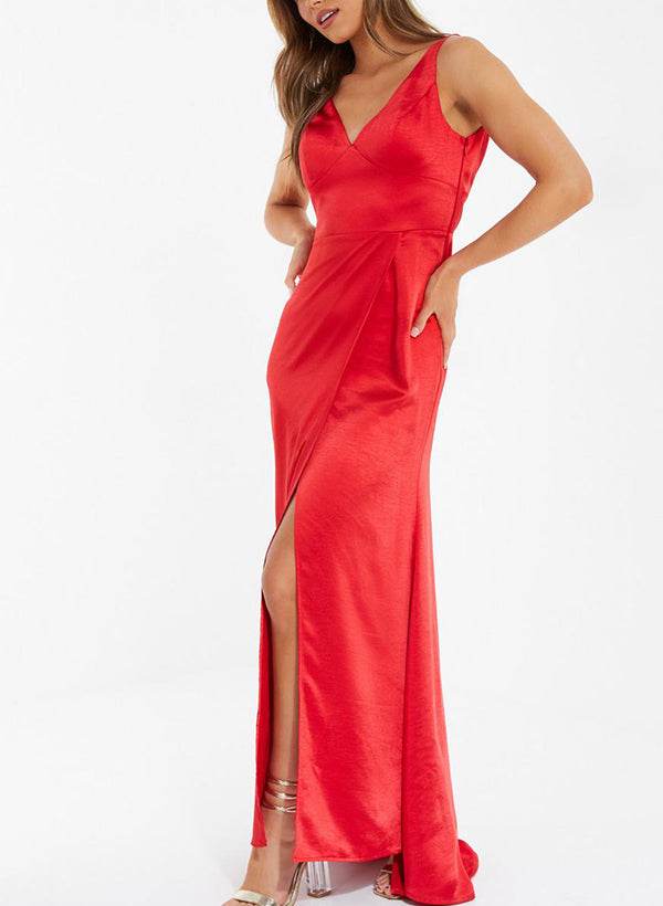 Sheath/Column V-Neck Floor-Length Long Bridesmaid Dresses With Split Side Sexy