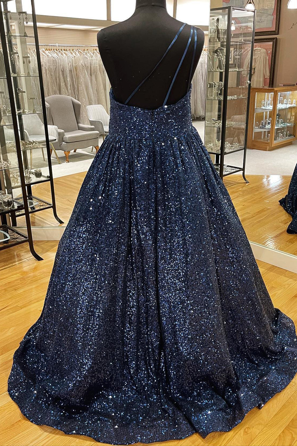 Sparkly A Line One Shoulder Sequin Long Prom Dresses Floor Length