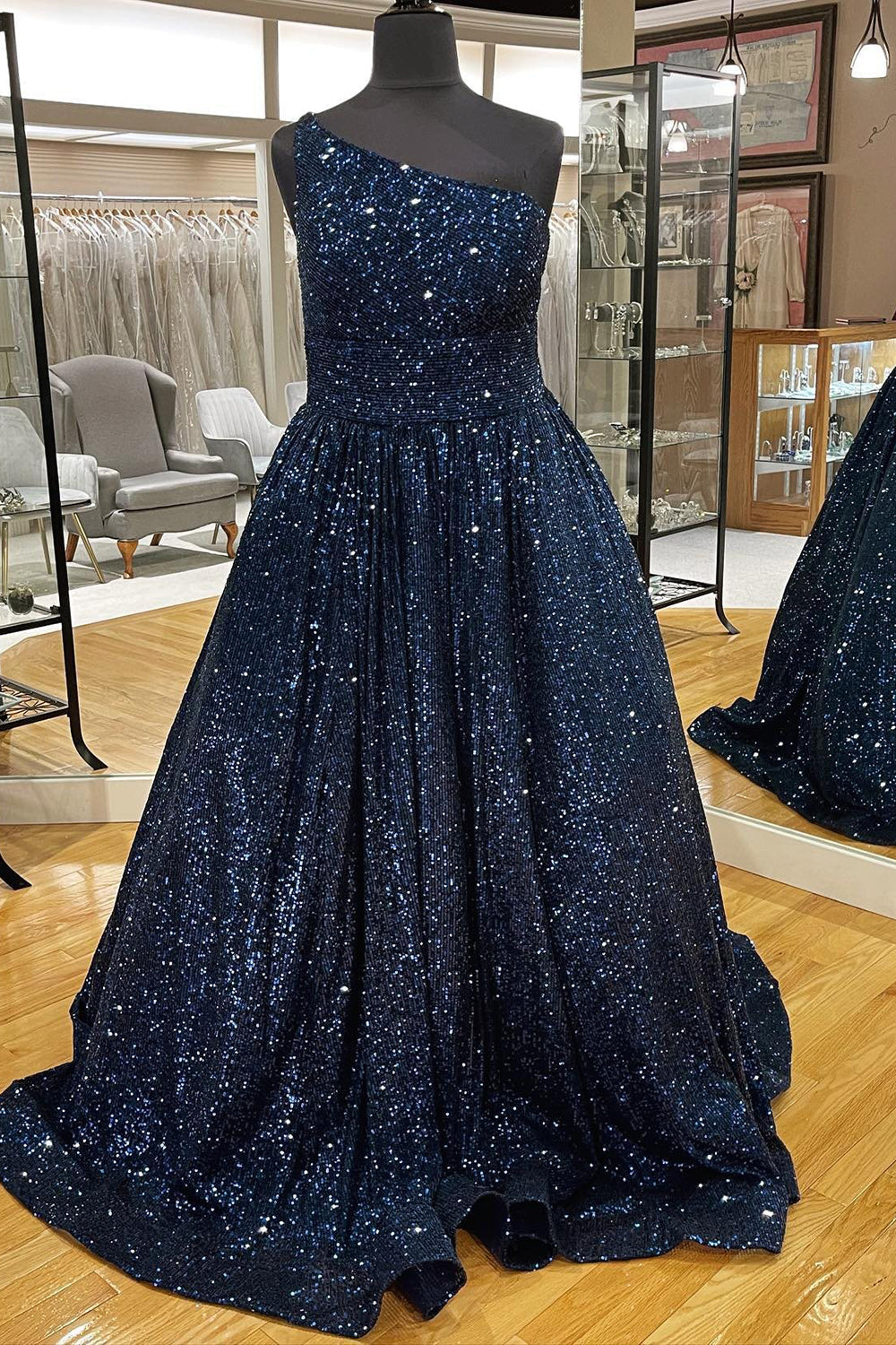 Sparkly A Line One Shoulder Sequin Long Prom Dresses Floor Length
