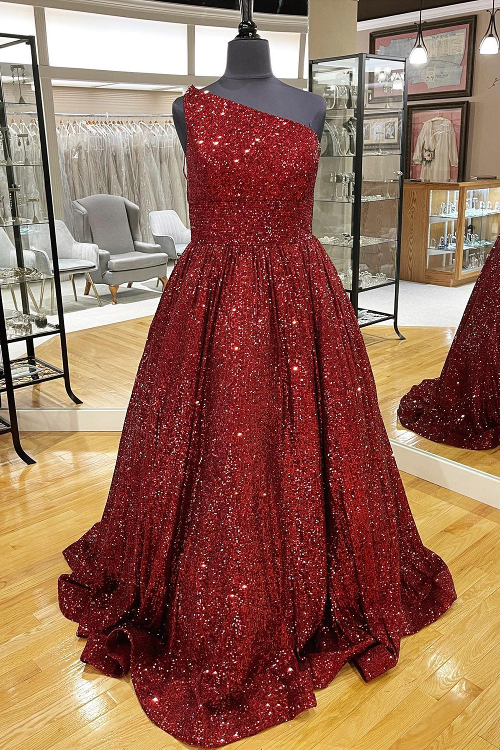 Sparkly A Line One Shoulder Sequin Long Prom Dresses Floor Length
