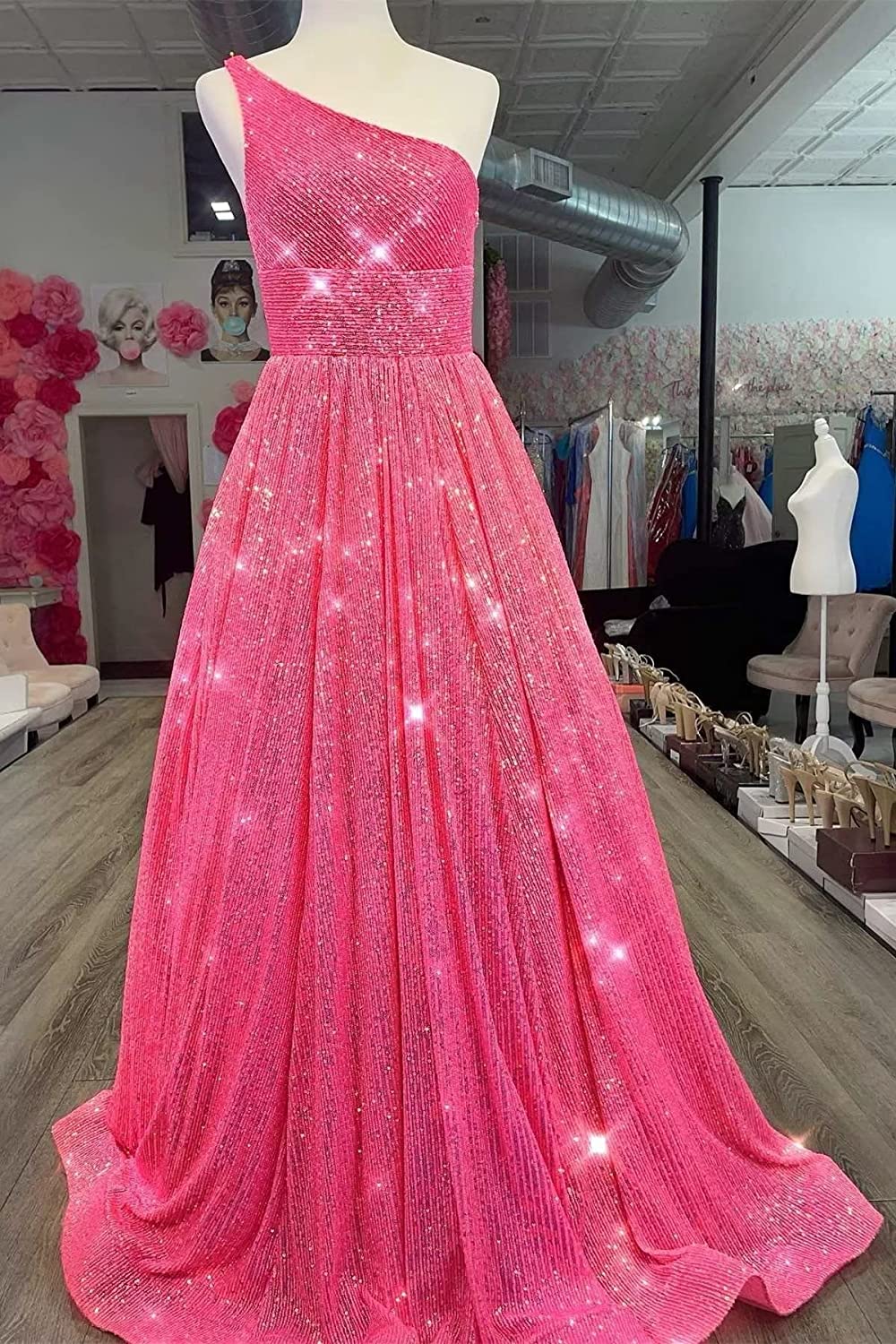 Sparkly A Line One Shoulder Sequin Long Prom Dresses Floor Length