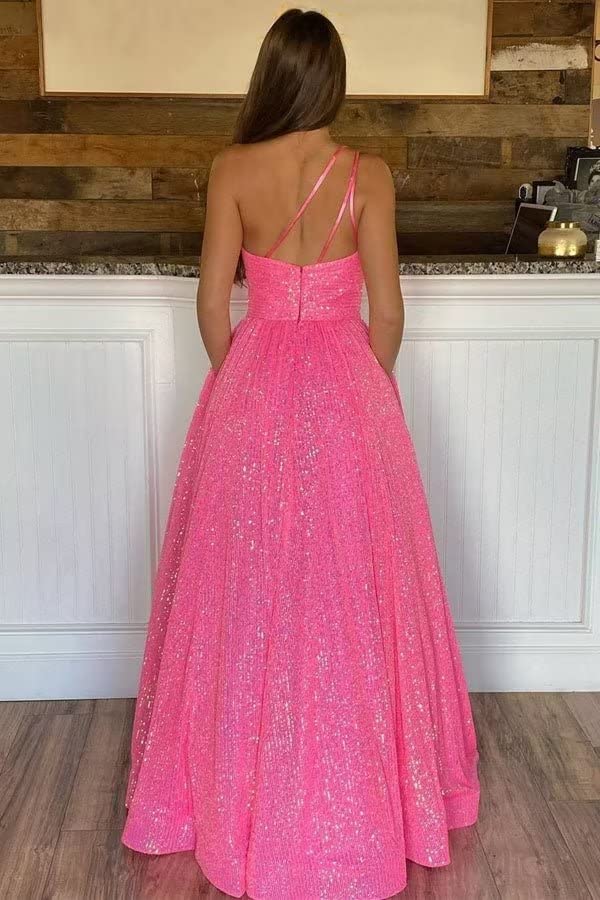 Sparkly A Line One Shoulder Sequin Long Prom Dresses Floor Length