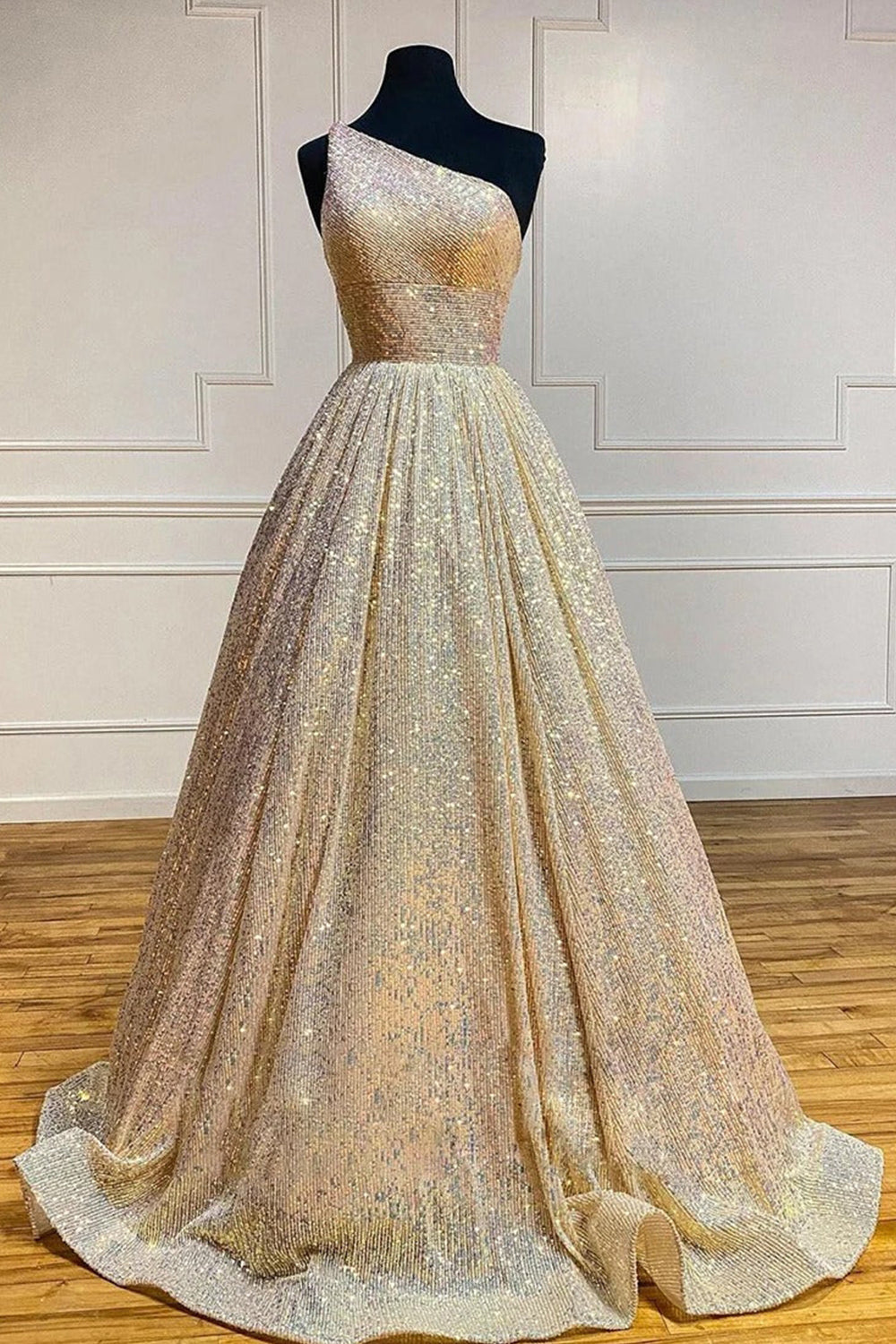 Sparkly A Line One Shoulder Sequin Long Prom Dresses Floor Length