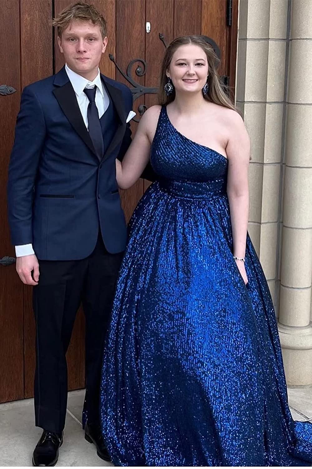 Sparkly A Line One Shoulder Sequin Long Prom Dresses Floor Length