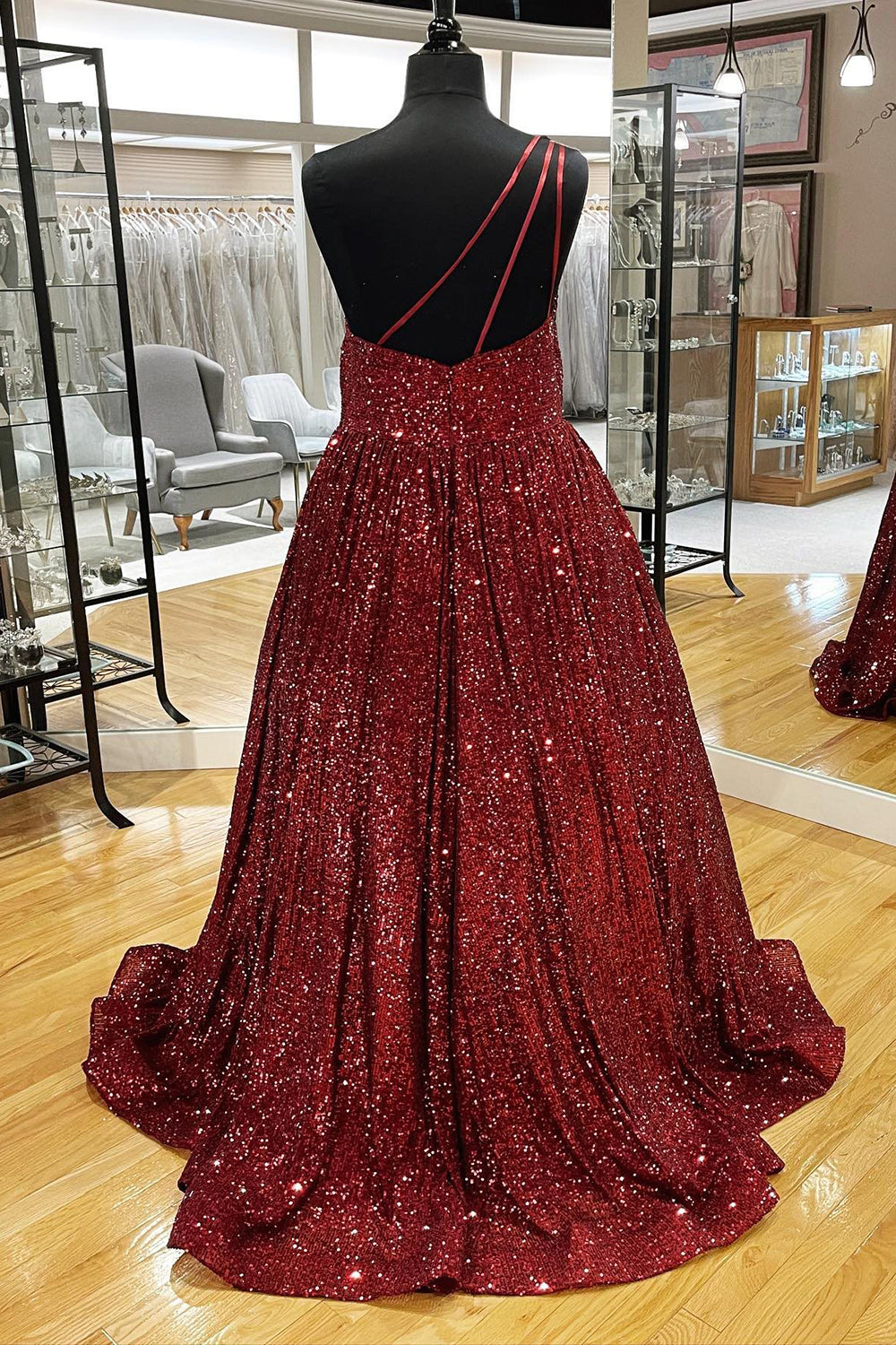 Sparkly A Line One Shoulder Sequin Long Prom Dresses Floor Length