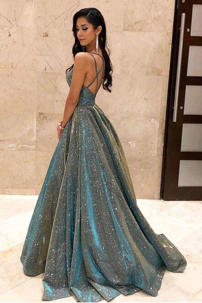 Sparkly Spaghetti Straps Green Sequins Prom Dresses Backless V-neck Sexy Evening Dresses