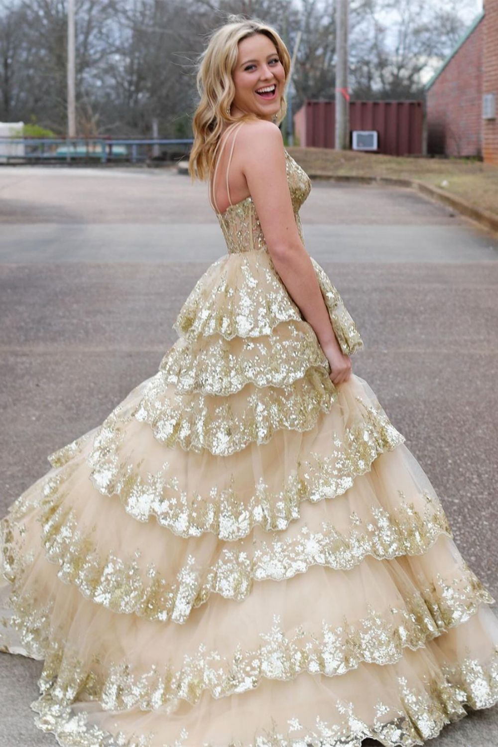 Sparkly One Shoulder A-Line Sweep Train Tiered Prom Dress