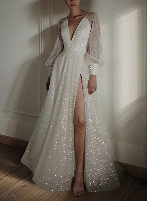 A-Line/Princess V-Neck Floor-Length Wedding Dress Sparkly