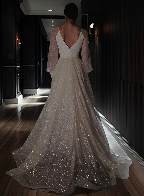 A-Line/Princess V-Neck Floor-Length Wedding Dress Sparkly