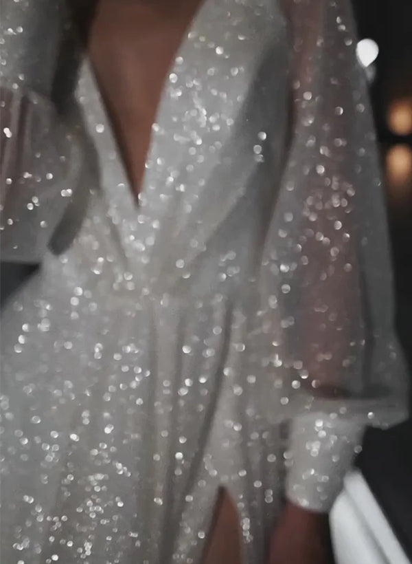 A-Line/Princess V-Neck Floor-Length Wedding Dress Sparkly