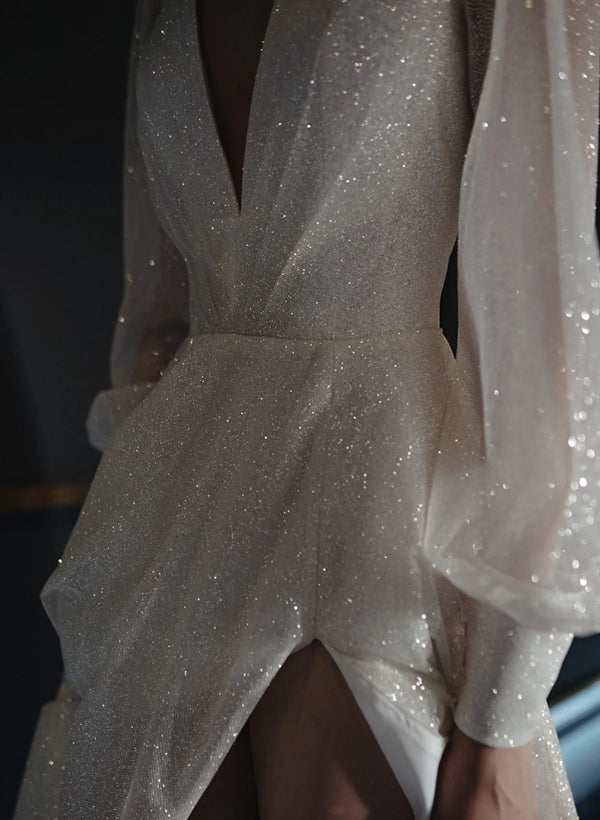 A-Line/Princess V-Neck Floor-Length Wedding Dress Sparkly