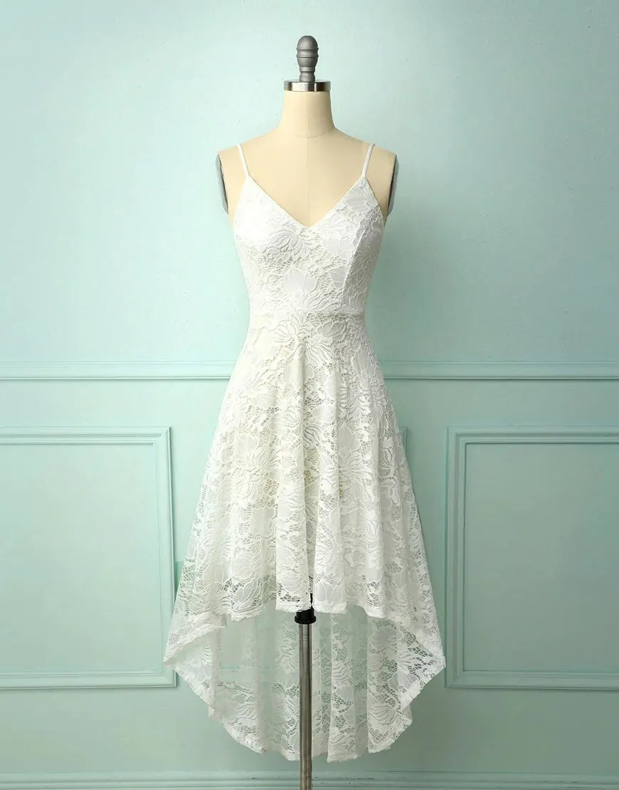 Party Dress Straps V-Nevk High low Lace White Short