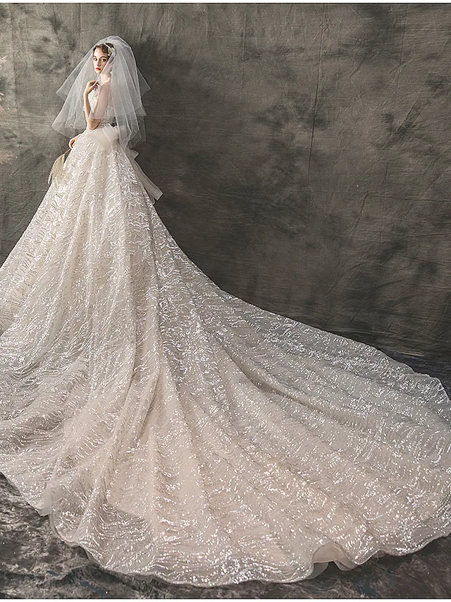 Princess Ball Gown Wedding Dresses Strapless Chapel Train Lace Tulle Sequined Sleeveless Formal Luxurious Sparkle & Shine with Bow(s)