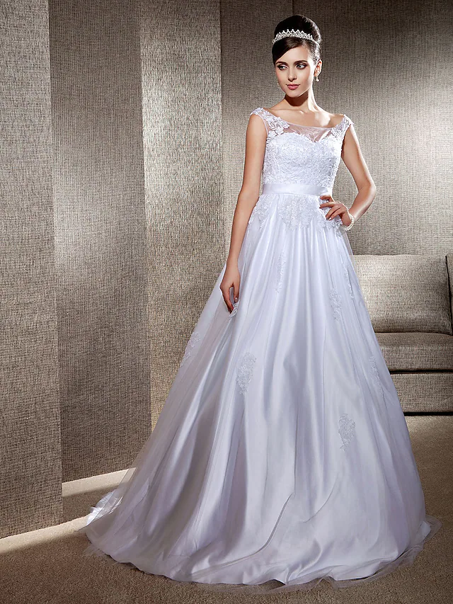 Ball Gown A-Line Wedding Dresses Scoop Neck Lace Tulle Sleeveless Beautiful