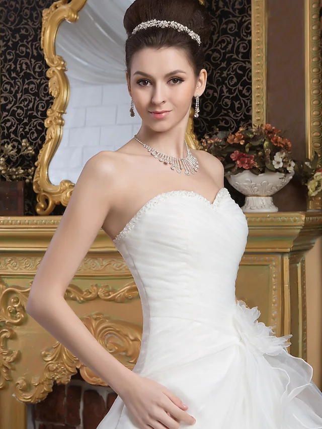 A-Line Wedding Dresses Sweetheart Neckline Court Train Organza Satin Strapless with Ruched Cascading