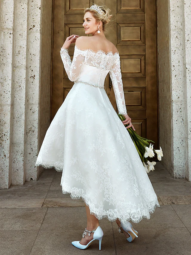 A-Line Wedding Dresses Off Shoulder Asymmetrical Lace Long Sleeve Casual Plus Size Illusion Sleeve with Lace Crystal