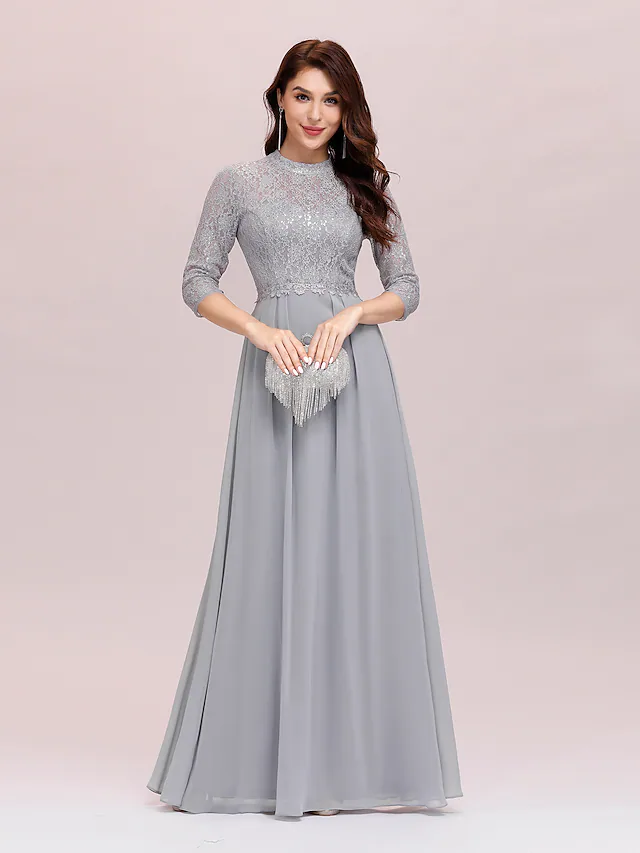 A-Line Mother of the Bride Dress Plus Size Elegant Jewel Neck Floor Length Chiffon Lace Length Sleeve