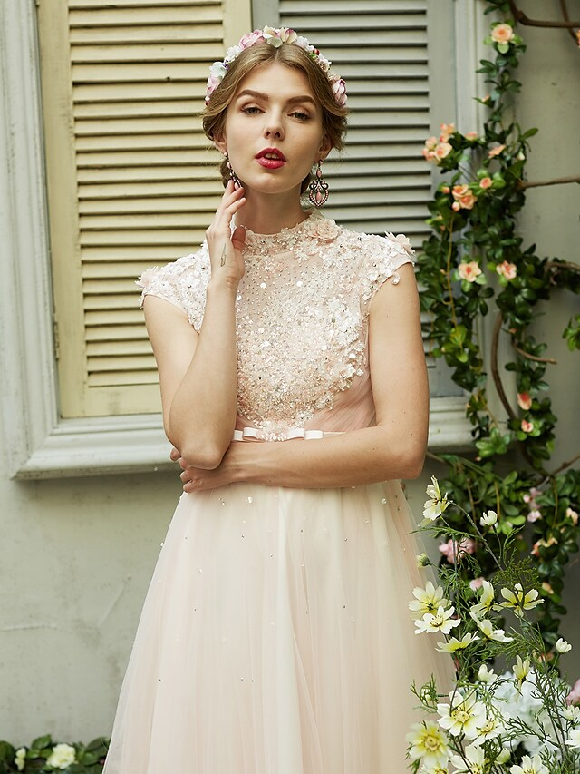 A-Line Wedding Dresses High Neck Sweep Brush Train Tulle Short Sleeve Open Back with Bowknot Sash Ribbon