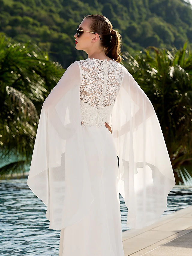 Wedding Dresses V Neck Court Train Chiffon Long Sleeve with Beading Pure Color