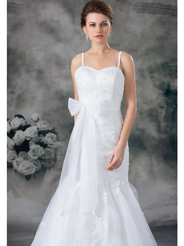 Wedding Dresses Sweetheart Neckline Chapel Train Lace Organza Satin Spaghetti Strap with Sashes Ribbons Bow(s)