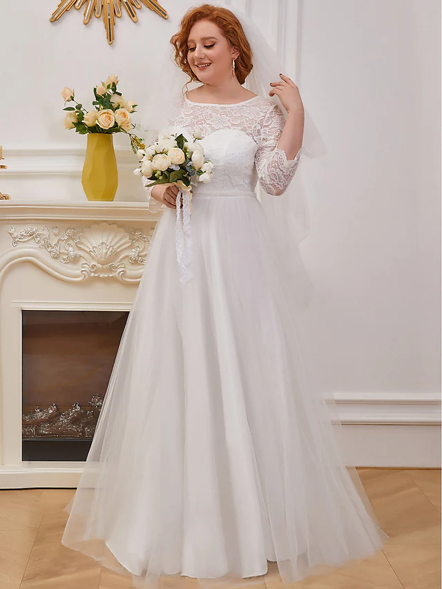 A-Line Wedding Dresses Jewel Neck Floor Length Lace Tulle Sleeveless Romantic with Cascading