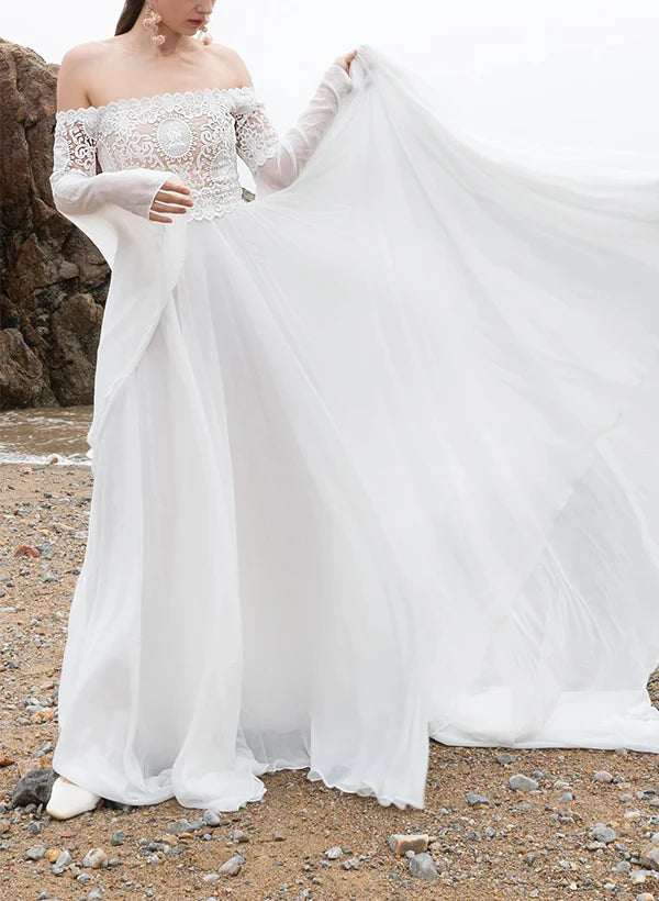 Off-The-Shoulder A-Line Wedding Dress With Long Sleeves In Chiffon/Lace Floor Length Elegant