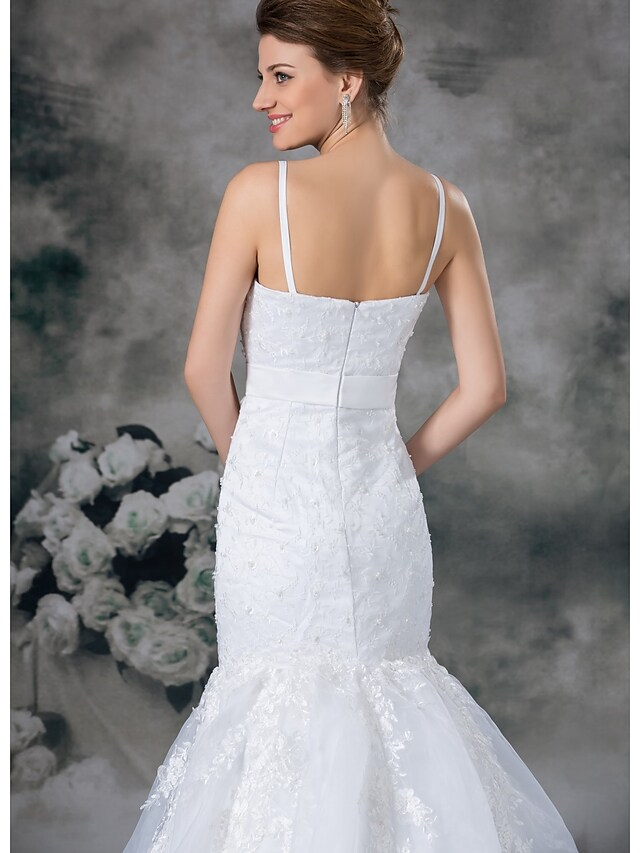Wedding Dresses Sweetheart Neckline Chapel Train Lace Organza Satin Spaghetti Strap with Sashes Ribbons Bow(s)