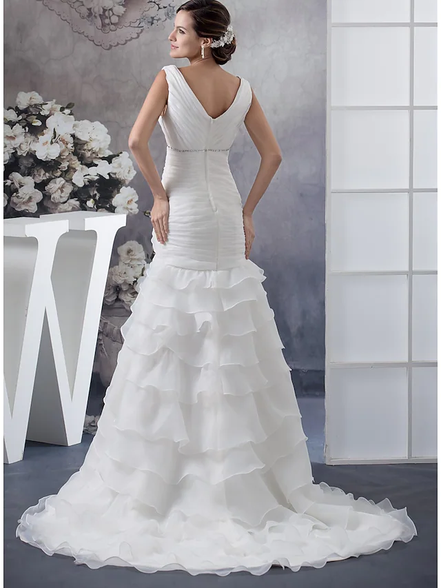 Wedding Dresses V Neck Chapel Train Organza Regular Straps with Ruched Beading Cascading