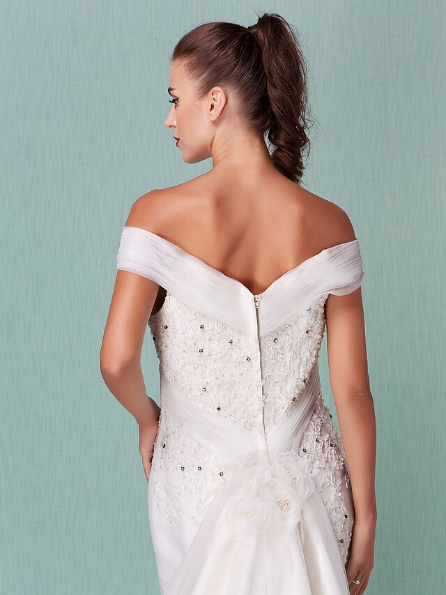 Wedding Dresses Off Shoulder Chapel Train Organza Short Sleeve with Beading Appliques Crystal