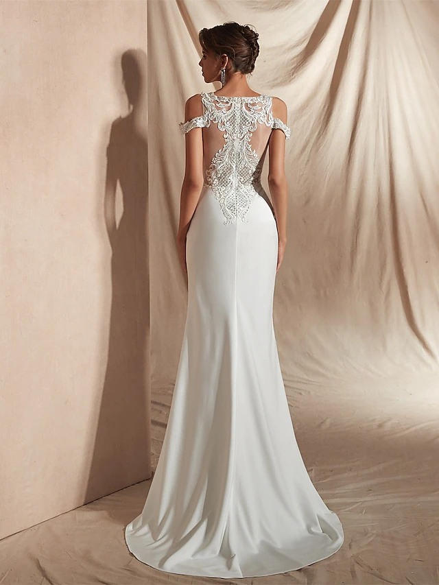 Mermaid Trumpet Wedding Dresses V Neck Asymmetrical Matte Satin Short Sleeve Casual Sexy Illusion Detail Modern