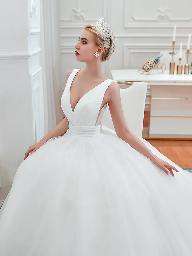 Ball Gown Wedding Dresses V Neck Court Train Tulle Regular Straps Simple Glamorous Backless