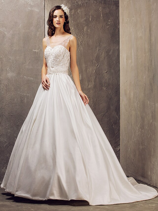 Princess A-Line Wedding Dresses V Neck Lace Taffeta Sleeveless Long