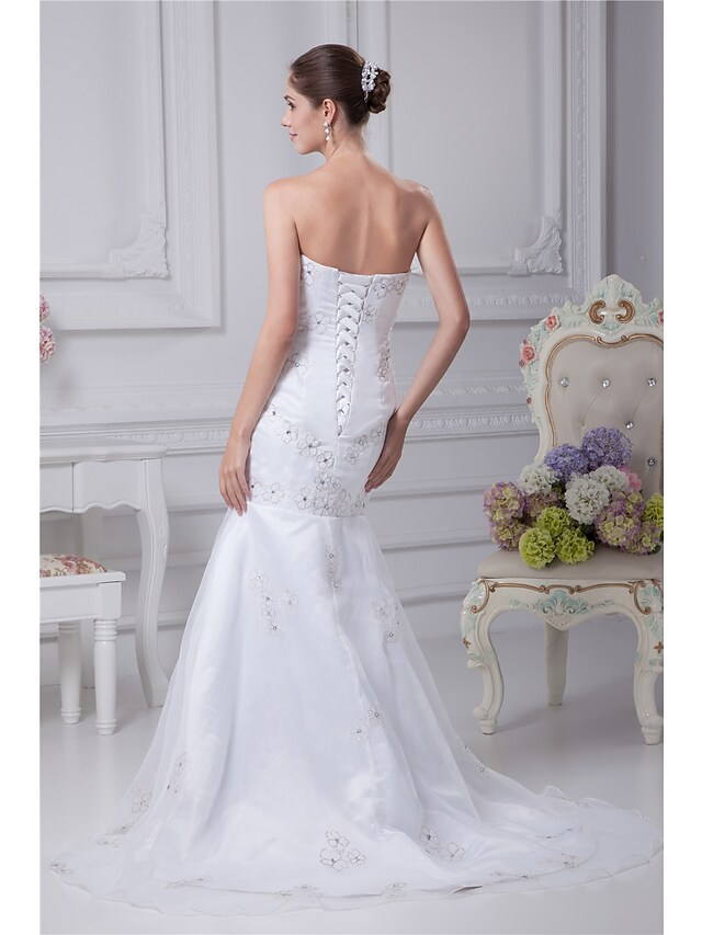Wedding Dresses Strapless Chapel Train Organza Satin Strapless with Beading