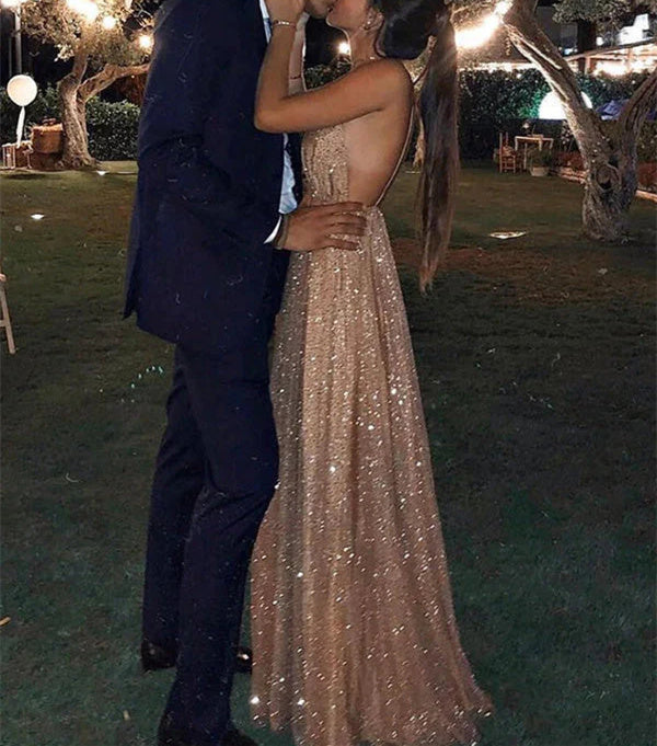 A-Line/Princess Tulle V-Neck Floor-Length Long Prom Dresses With Paillette Sparkly Evening Dresses