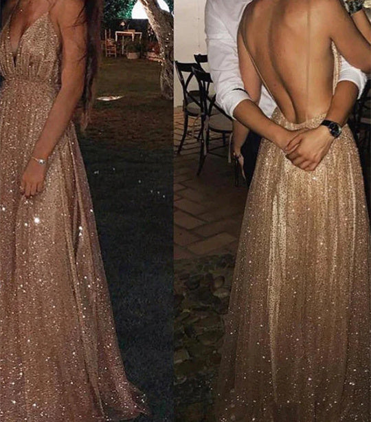 A-Line/Princess Tulle V-Neck Floor-Length Long Prom Dresses With Paillette Sparkly Evening Dresses
