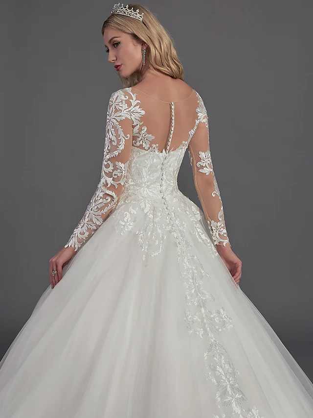 Ball Gown Wedding Dresses Illusion Neck Chapel Train Lace Tulle Long Sleeve Glamorous See-Through Illusion Detail with Buttons
