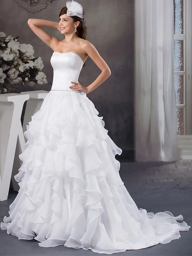 A-Line Wedding Dresses Strapless Court Train Organza Satin Strapless with Beading Cascading